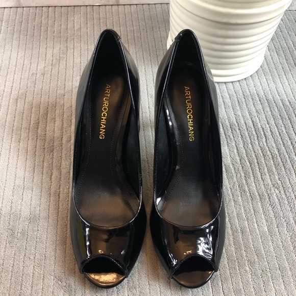 Arturo Chiang Black Leather Peep Toe Pumps 7.5M - Picture 2 of 8